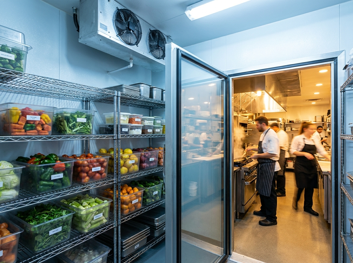 Walk-in cooler interior with stocked shelving