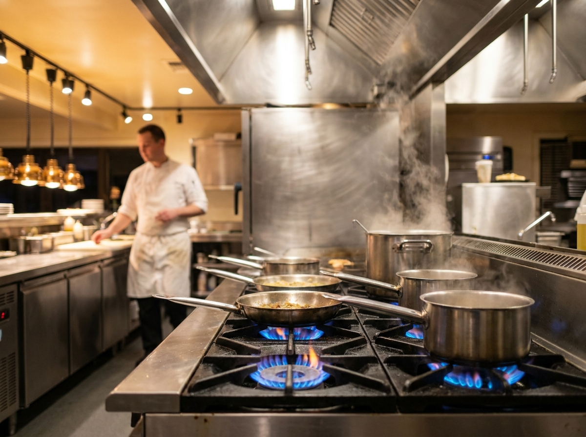 Chef cooking on a commercial range