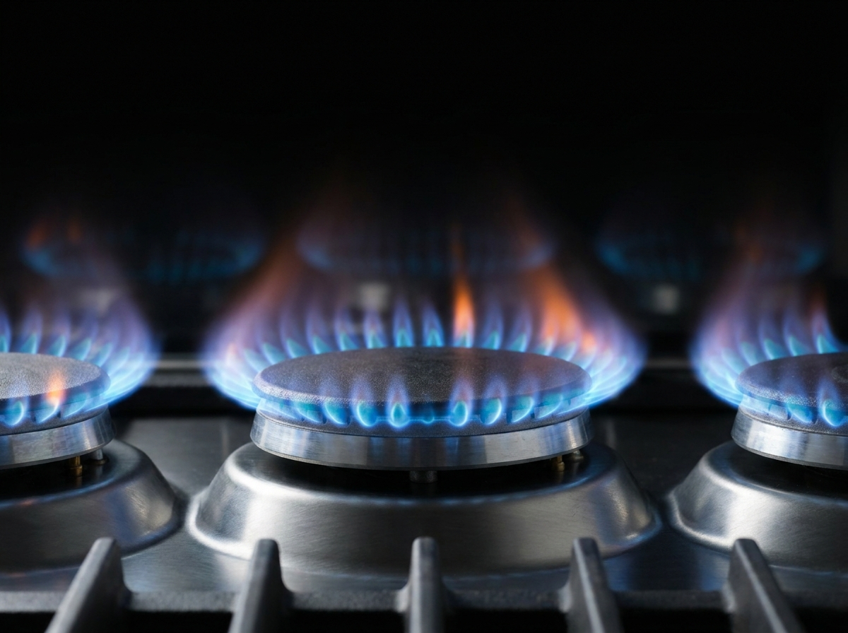 Blue gas flame under commercial cooking equipment