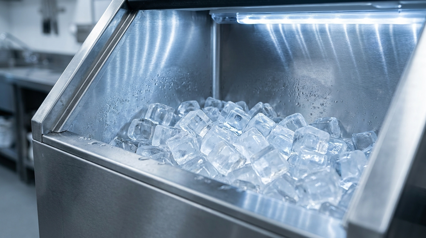 Commercial ice machine bin full of ice