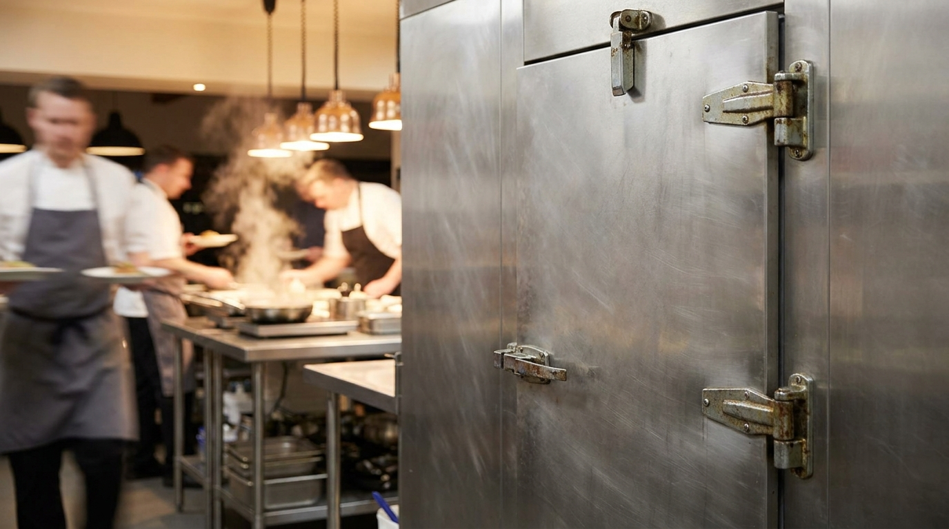 Walk-in cooler interior with stocked shelves
