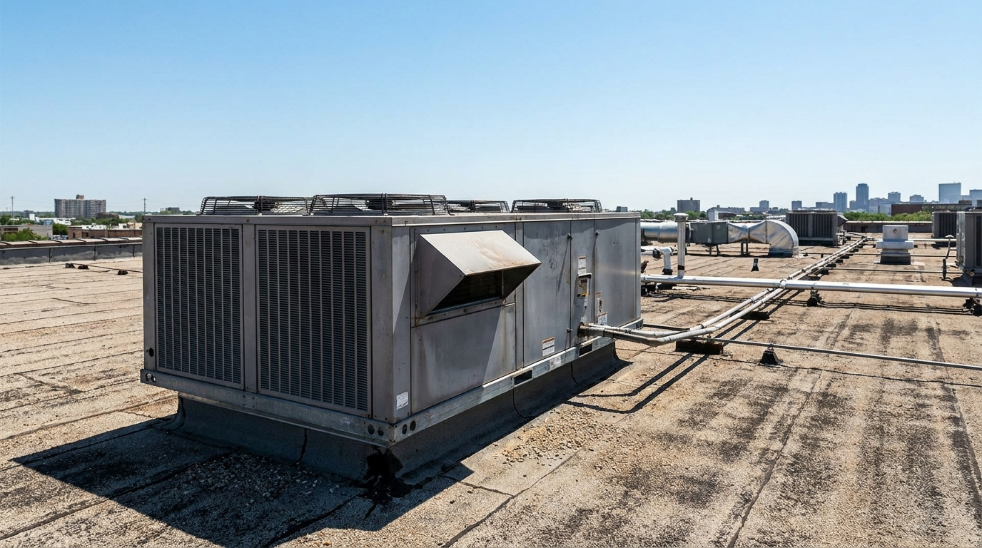 Rooftop HVAC unit in summer sun
