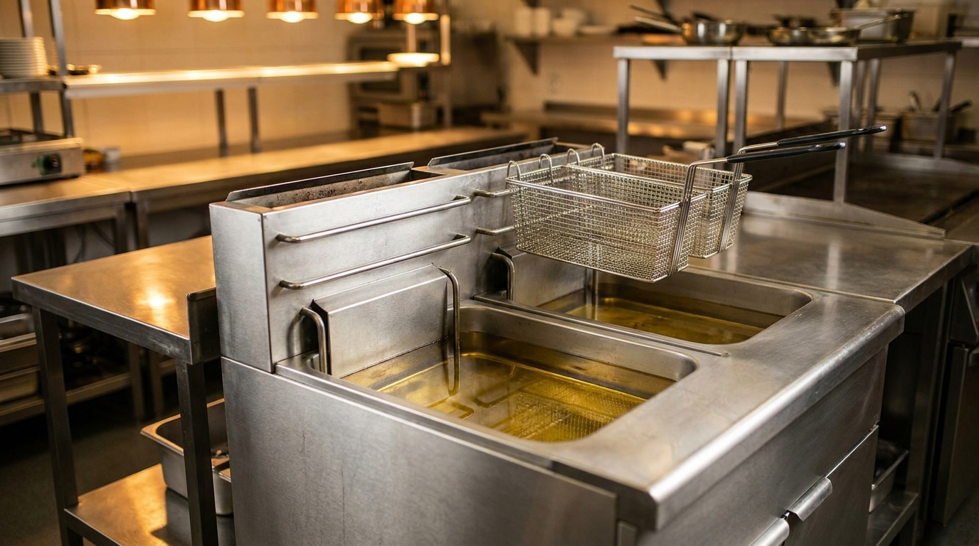 Commercial deep fryers in a restaurant kitchen