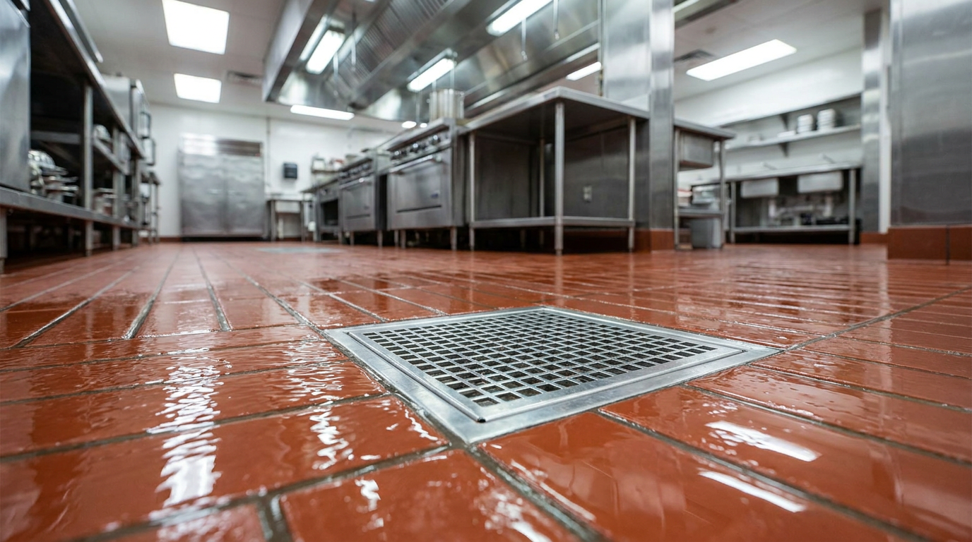 Commercial kitchen floor drain and sink area